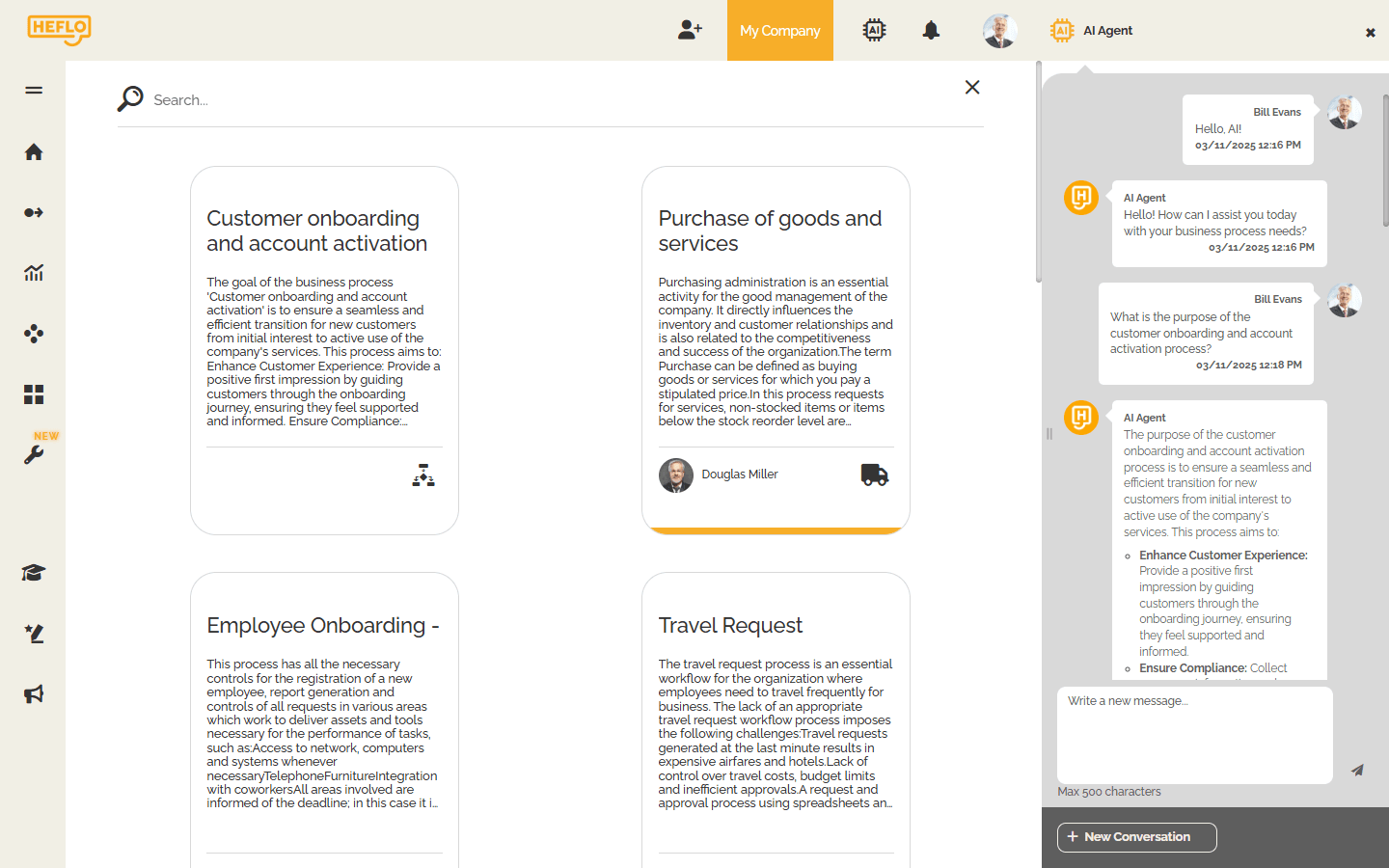Screenshot of HEFLO's AI chatbot guiding a user through the description of a business process related to customer onboarding.