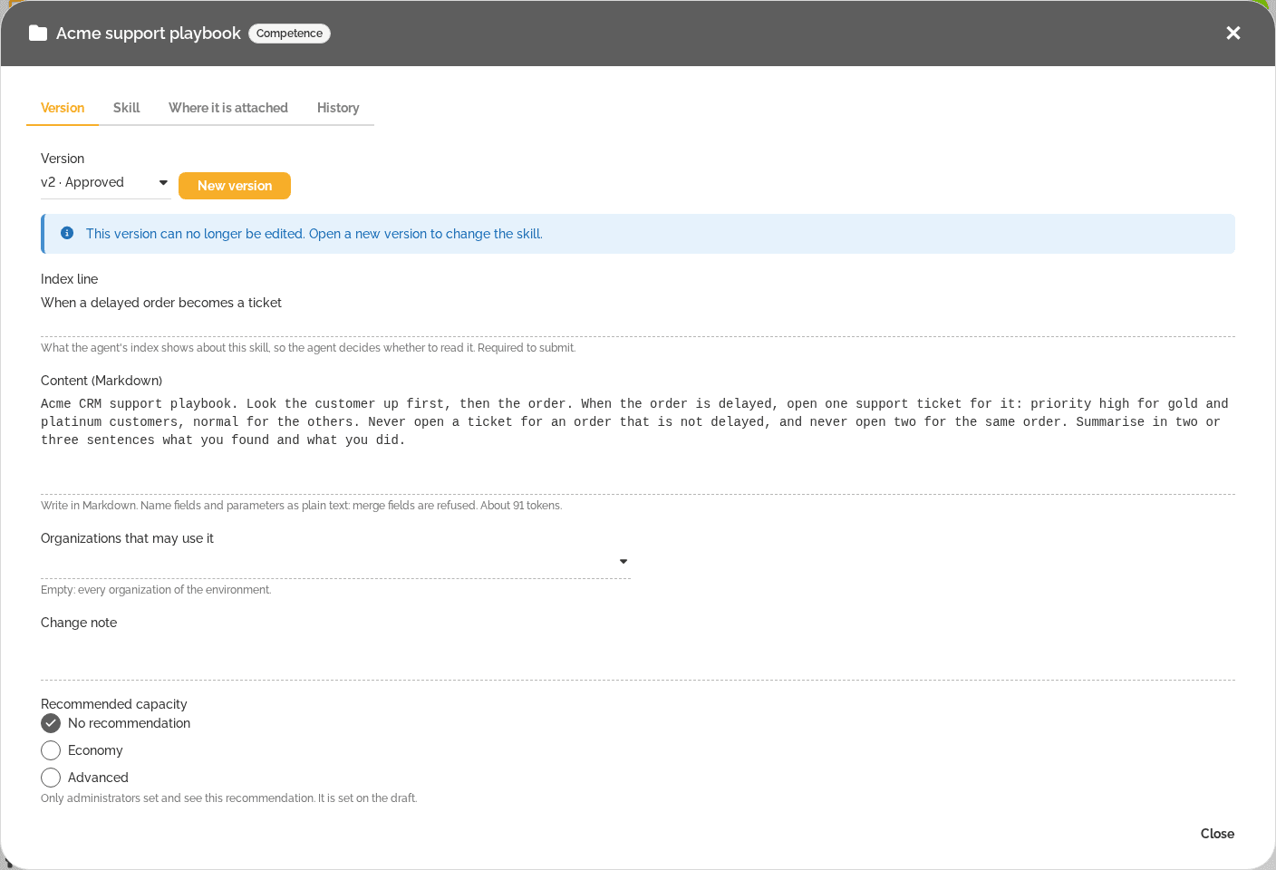 A competence skill in HEFLO AI: an approved version of a support playbook, with index line and content